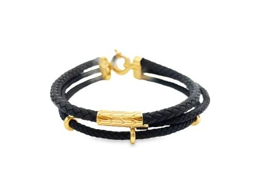 Triple-Strand Black Braided Leather Bracelet with 18K Gold Details